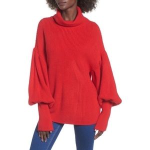 Topshop Red Balloon Sleeve Turtleneck Sweater